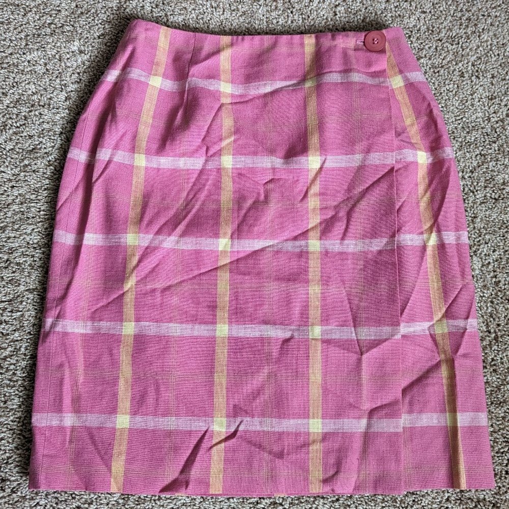 Vintage Skirt Womens Sz 8 Pink Plaid Linen Mini Wrap Barbiecore Femi Made in USA